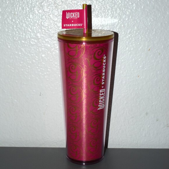 NWT Starbucks X Wicked Pink/Gold 24 Oz Cold Cup W/Straw - Picture 1 of 4